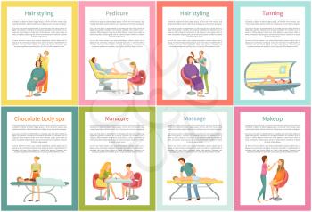 Body wrap and manicure tanning woman using solarium sunroom. Posters set with text sample and chocolate care, massage and visage, manicurist vector