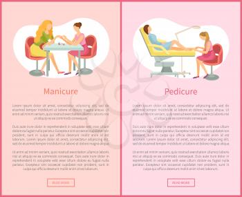 Pedicure and manicure service, posters with text sample. Manicurist and pedicurist caring for clients nails on hands and feet toes, procedure vector
