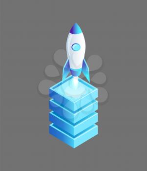 Launching spaceship flying rocket vector isolated isometric icon 3d. Cylindrical launcher ship with window standing on base pedestal ready to fly