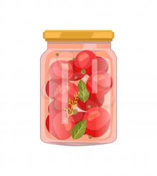 Veggie winter preservation in screw-cap glass jar. Tomato vegetable with bay leaf, whole pepper and dill spicery flat vector illustration isolated.