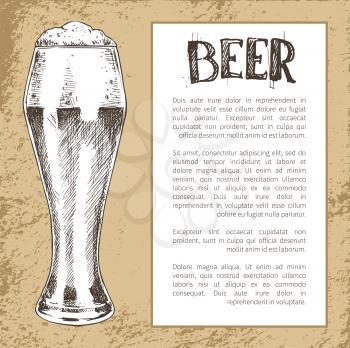 Big full hand drawn pilsner glass with high foam vector illustration. Monochrome beer advertising vintage poster in sketch style with text in frame.