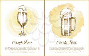 Craft beer objects set hand drawn vector sketches. Full tumblers with flowing foam isolated on beige stain vintage icons illustrations for bar menu