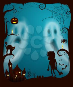 Halloween ghosts and night spooky cemetery with gravestones and tombs, Zombie with ax,, castle old fashioned building. Cat and spiders web vector