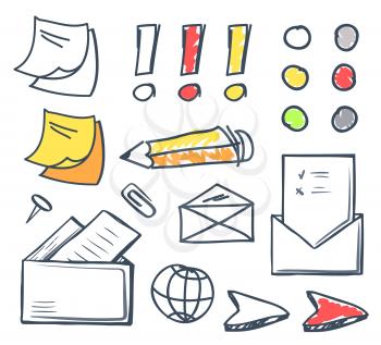 Office paper and pencil for writing on isolated icons set vector Envelope and message correspondence, globe and cursor, memo and sticker for notes
