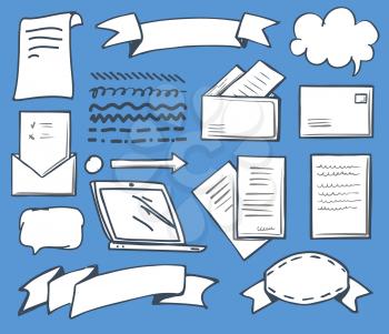 Office thought bubbles and papers isolated icons set vector. Laptop monitor screen and ribbon for text, message and envelope with opened document