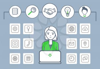 Woman working by laptop isolated icons set vector. Magnifying glass and handshake time and light bulb, cogwheel and message in envelope. Chat and phone