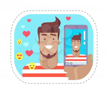 Blogger with phone speaking online isolated sticker vector. Streaming of person via smartphone, reactions of people. Hearts and love emojis smileys