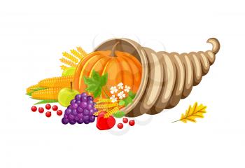 Pumpkin veggie autumn set of food and meal vector. Flowers and leaves wheat and corn, apple and grapes. Vitamins and harvesting period harvest product