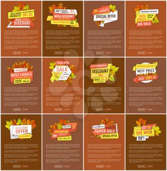 Maple leaves, oak foliage autumn symbols on advert leaflets. Exclusive offer only one day on Thanksgiving day. Mega sale promo posters set with text sample.
