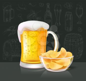 Beer alcoholic drink poured in glass with foam top. Crisps in bowl salty taste of chips accompanying liquid. Brewery and beverage with alcohol vector
