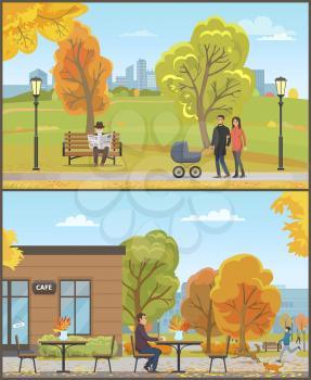 Man sitting by table and drinking coffee beverage from cup. Cafe in autumn season set vector. Family with pram, old person reading newspaper on bench