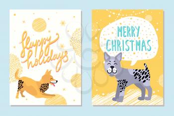 Merry Christmas and happy holidays bright postcards with happy playing dogs on snowy background. Vector illustration with congratulations from pets