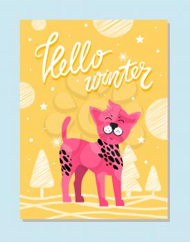 Hello winter poster with spotted pink dog symbol of New Year 2018 on background of trees silhouettes, round spots and snowflakes vector illustration