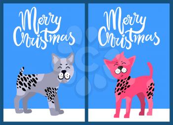 Christmas postcards with congratulation and dogs. Bullterrier with black spots and Chinese crested puppy with pink fur vector illustrations.