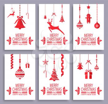 Merry Christmas and Happy New Year postcards set with small bell, deer silhouette, gift box, festive fir and decorative toys vector illustrations.