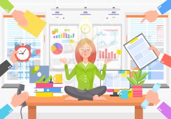 Business poster with woman in process of relaxation, sitting on table in office while others want her to do job, calm person on vector illustration