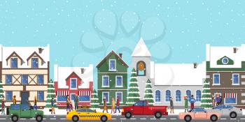 City at wintertime poster, buildings and homes, people that are busy and hurry somewhere, taxi and cars driving along road on vector illustration