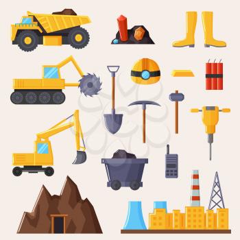 Mining industry and tools collection on poster, trucks and tractors, shovel and excavator, helmet and equipment isolated on vector illustration