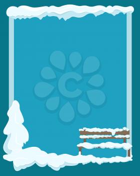 Wooden isolated bench under white snow in corner of dark blue background covered with snow with empty space for text. Vector illustration in flat design of greeting card with empty space