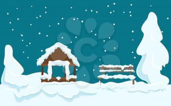 Garden house and wooden bench covered with white snow near trees under snow. Vector illustration of snowy, frosty and cold winter weather with objects covered with snow on dark azure background