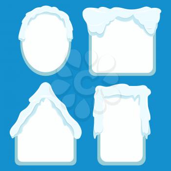Frames of oval, square, rectangular and house shapes labels with space inside for writing or pictures. Vector poster of snowy tags collection with icy decor on top. Winter frames banners set