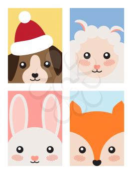 Set of animals covers design with head of dog in Santa s hat, white sheep, fluffy bunny, fox or squirrel vector New Year greeting card in cartoon style