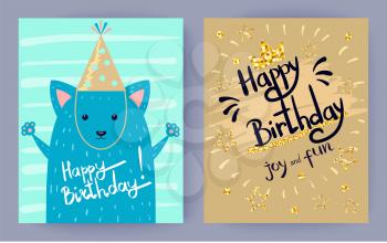 Happy Birthday joy and fun set of two colorful posters with congratulations. Vector illustration with blue fox in festive cap decorated by doodles