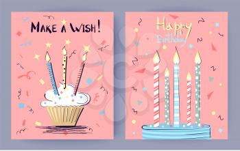 Make a wish Happy Birthday congratulation on pink background. Vector illustration with cakes decorated with beautiful illuminating candles