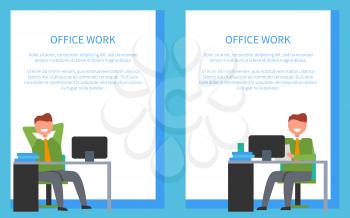 Office work posters set with sitting on chair in front of table with few books on it. Vector of males on workplaces isolated on white in frame for text