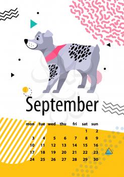 Calendar for September with cute pedigree dog. German wirehaired pointer as symbol of New Year by Chinese horoscope cartoon vector illustration.
