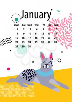 January calendar for 2018 year with calm doberman that lies vector illustration. Dog as symbol of New Year by astrological Chinese calendar.