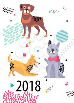 Calendar for 2018 cover with pedigree dogs. Friendly rottweiler, playful fox terrier and calm malamute among geometric shapes vector illustration.