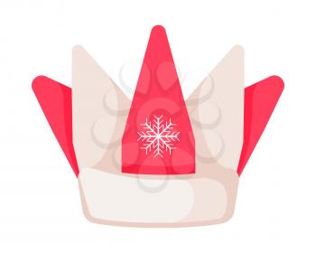Santa Claus hat in form of crown with snowflake in center isolated on white. Winter fur woolen cap. Father Christmas hat of clown. Flat icon winter accessory in cartoon style vector illustration
