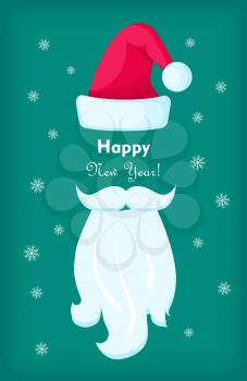 Happy New Year greeting card with Santa Claus cap, white moustache and beard on green background with snowflakes. Vector illustration with cartoon Christmas elements for festive design.
