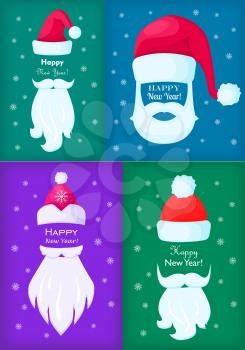 Happy New Year poster of Santa Claus caps, white moustaches and beards on blue, violet, green backgrounds with snowflakes. Vector illustrations with cartoon Christmas elements for festive design.
