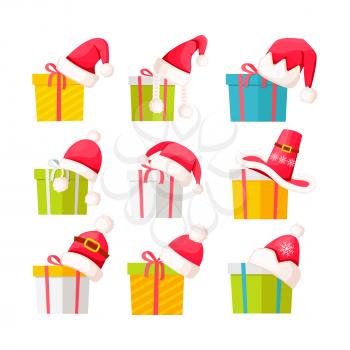 Set of gift boxes with Santa Claus hats on tops isolated on white. Vector poster of presents in colorful wrapping paper with adorned bows. New Year ornamentations in NewYear and Christmas concept