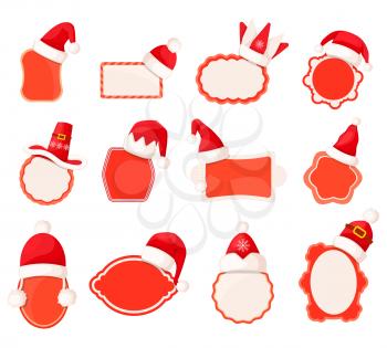 Vector collection of empty sale icon stickers with Santa Claus caps on top of them. Bright decorated round, oval and rectangular labels with straight, wavy edges and space for writings and prices.