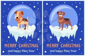 Merry Christmas and happy New Year posters with cute puppies on snowy glass balls with ice greeting cards design with text on snowflakes backdrop