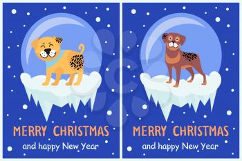 Merry Christmas and happy New Year banners set with cute puppies on snowy glass balls with ice greeting cards design with text on snowflakes backdrop