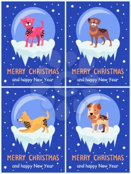 Merry Christmas and Happy New Year festive posters with dogs inside glass bubbles with bottom covered with ice cartoon vector illustrations collection