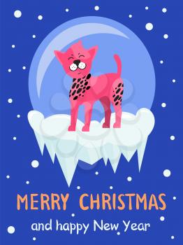 Merry Christmas and Happy New year poster, pink dog standing on ice with circle on background, snowflakes on vector illustration isolated on blue