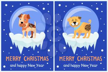 Merry Christmas and Happy New Year festive posters with dogs in glass bubbles with bottom covered with ice cartoon vector illustrations greeting cards
