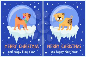 Merry Christmas and happy New Year dog symbol in snowy bubble on dark background. Vector illustration with friendly rottweiler and playing akita on ice