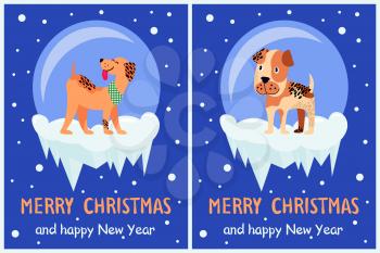 Merry Christmas and happy New Year doggy congrats set of posters with 2018 year symbol due Chinese calendar. Vector illustration with cute terriers