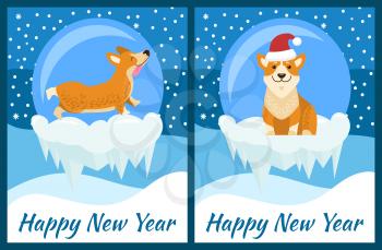 Happy New Year congratulation from corgi on blue background with snowfall. Vector illustration with cute dog Chinese symbol of coming year posters set