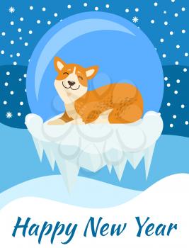 Happy New Year congratulation from corgi poster on blue background covered with falling snow. Vector illustration with cute smiling pet as symbol of holiday