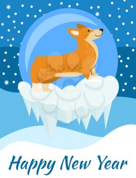 Happy New Year postcard with corgi dog side view resting on snowy mountain on background of abstract moon and sky full of snowflakes vector illustration