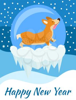 Happy New Year congratulation from corgi poster on blue background covered with falling snow. Vector illustration of dog showing tongue on icy cliff