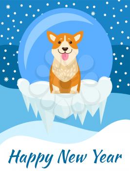 Happy New Year postcard with cute beige dog showing tongue sitting on piece of ice, snowy landscape with snowflakes on background, vector greeting card