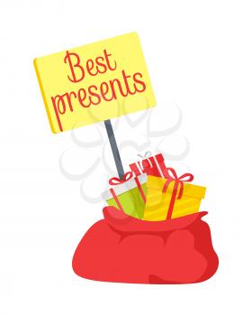 Yellow table of best presents in red sack from Santa Claus on white background. Vector illustration of colourful gifts with ribbon and nice bow for well-behaved children. Christmas element of decor.